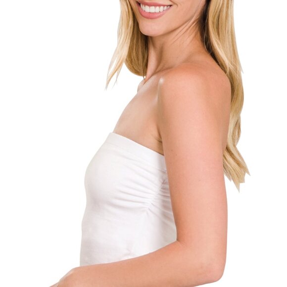 NEW - ZENANA White Cotton Strapless Top with Built in Bra - Picture 4 of 6